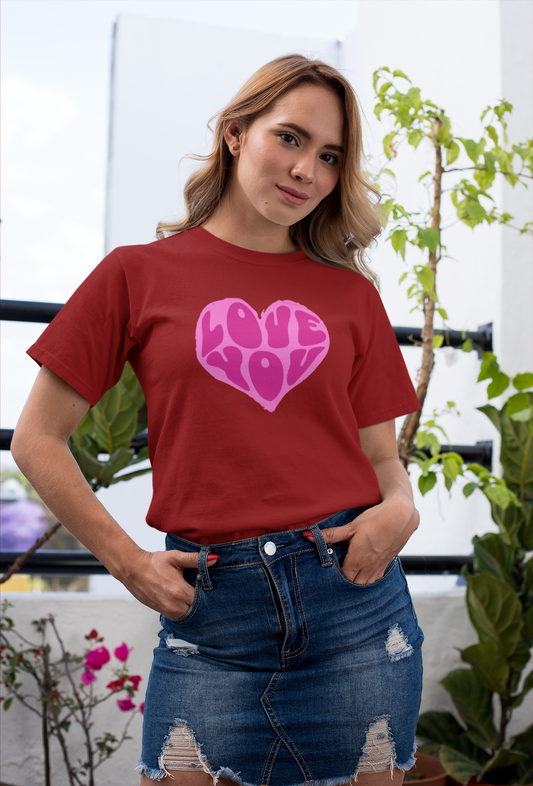 Love you half sleeve maroon round neck t-shirt for women by hello swanky - s