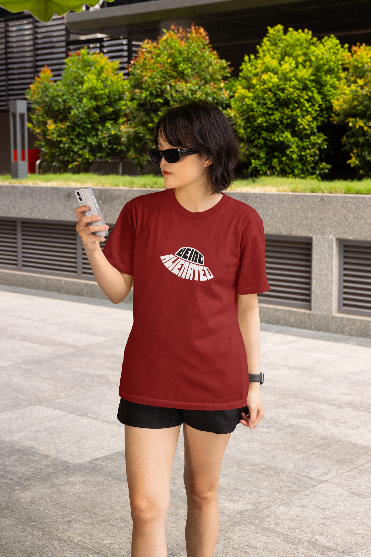 Being Alienated Maroon Half Sleeve Round Neck Tee for Women