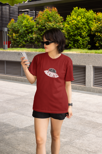 Being Alienated Maroon Half Sleeve Round Neck Tee for Women