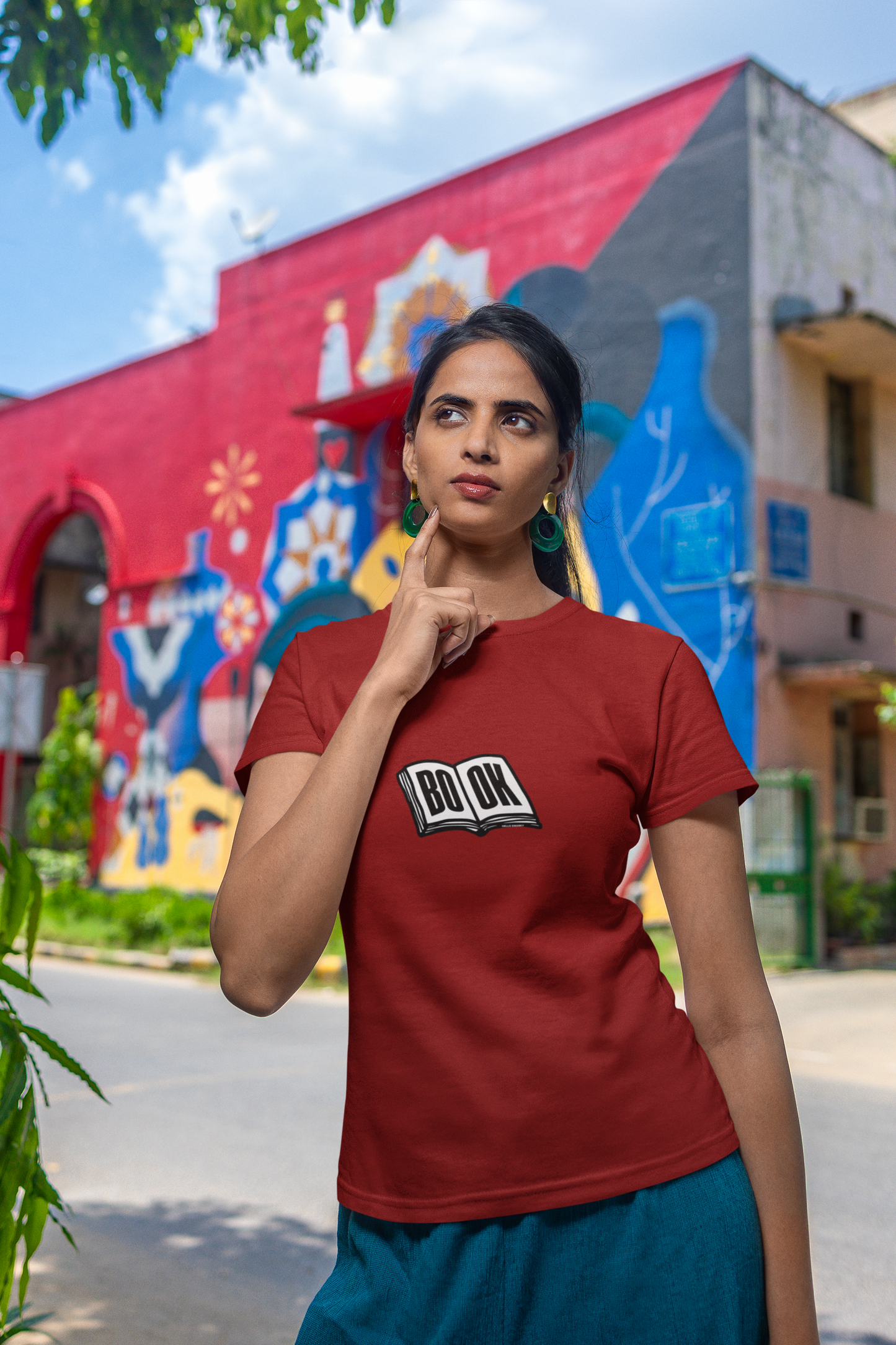 Book Half Sleeve Maroon Round Neck T-Shirt for Women Casual Tee