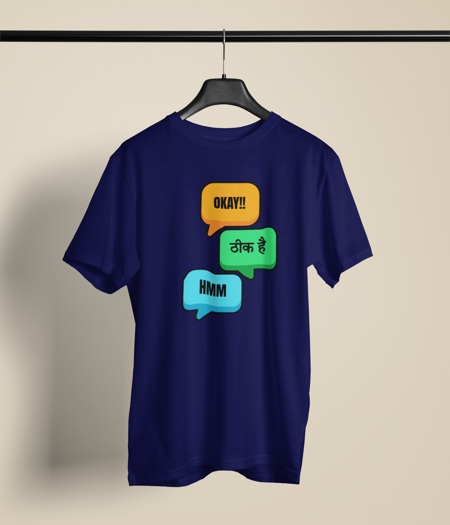 OK & Hmm Unisex Navy Blue Round Neck T-Shirt | Desi Graphic