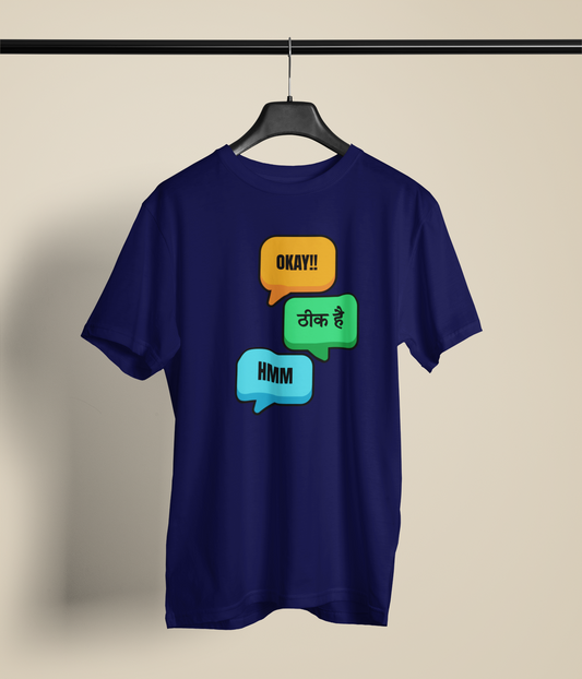 OK & Hmm Unisex Navy Blue Round Neck T-Shirt | Desi Graphic