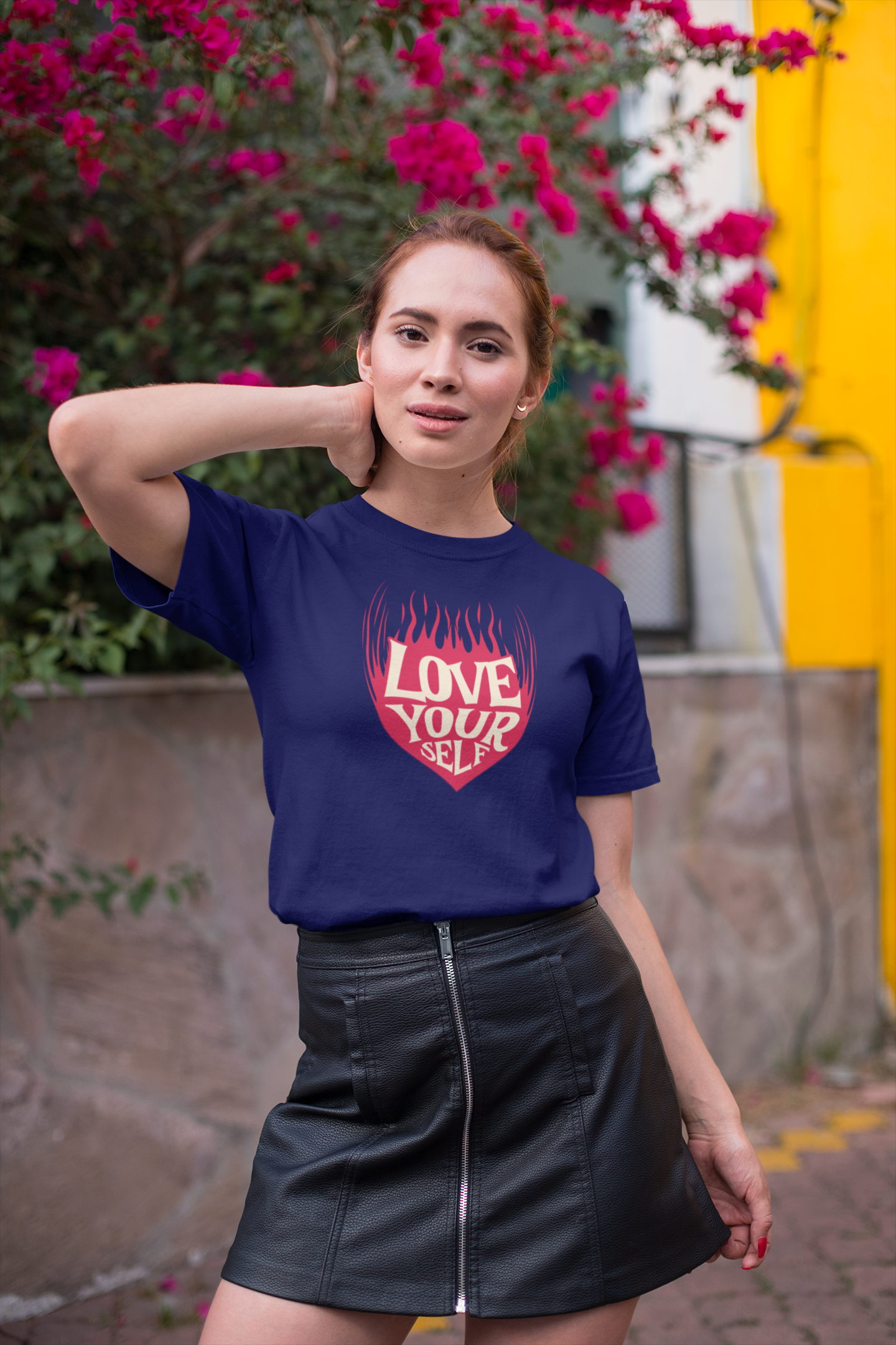 Love your self half sleeve navy blue round neck t-shirt for women by hello