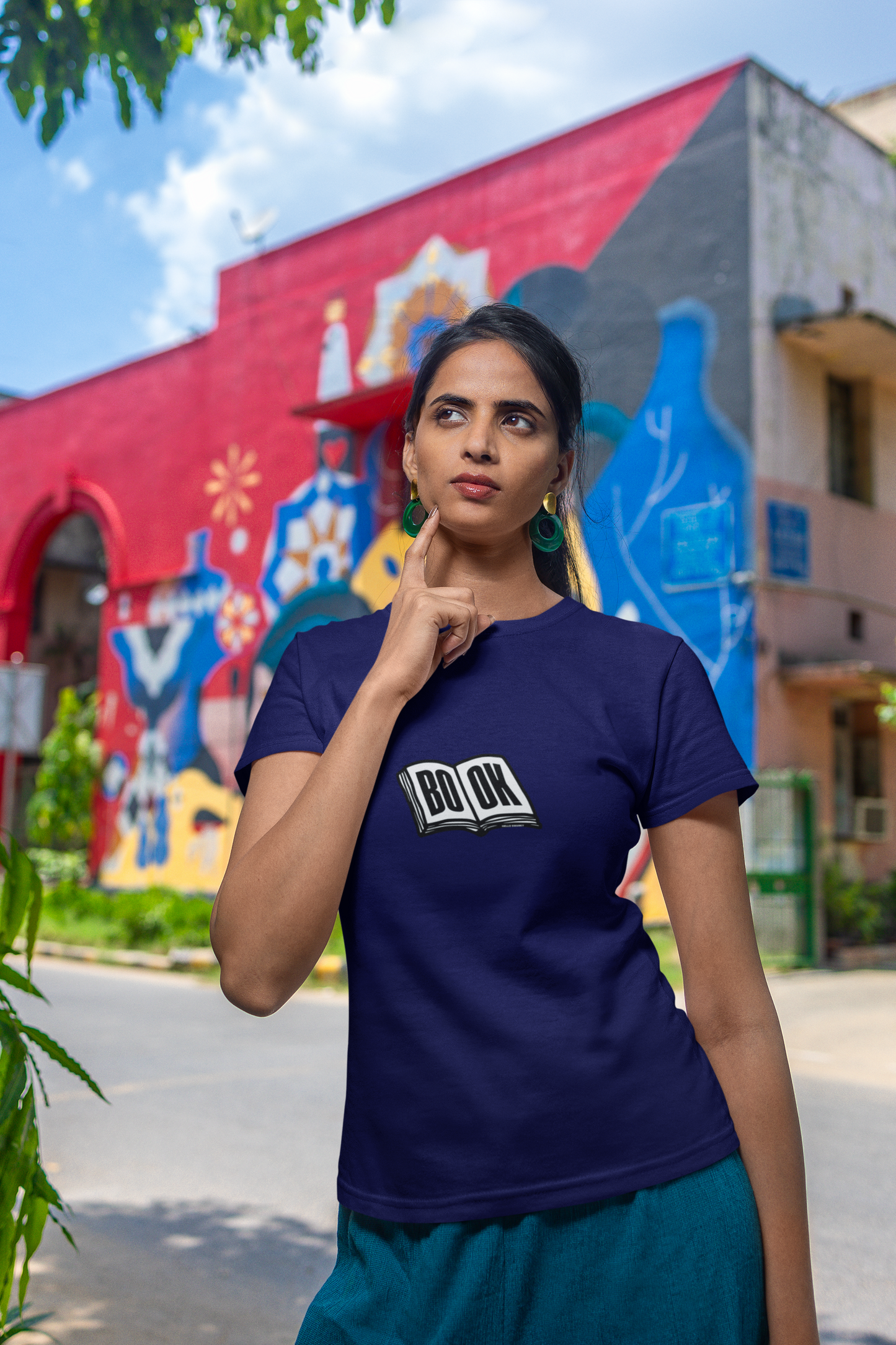 Book Half Sleeve Navy Blue Round Neck T-Shirt