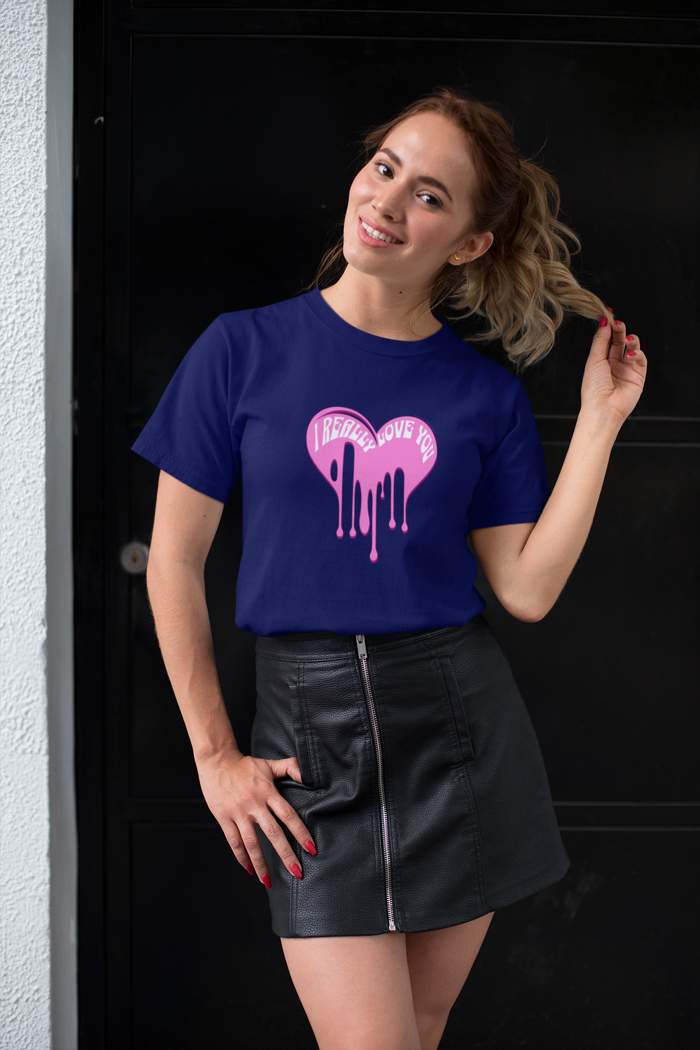 Really love you half sleeve navy blue round neck t-shirt for women by hello