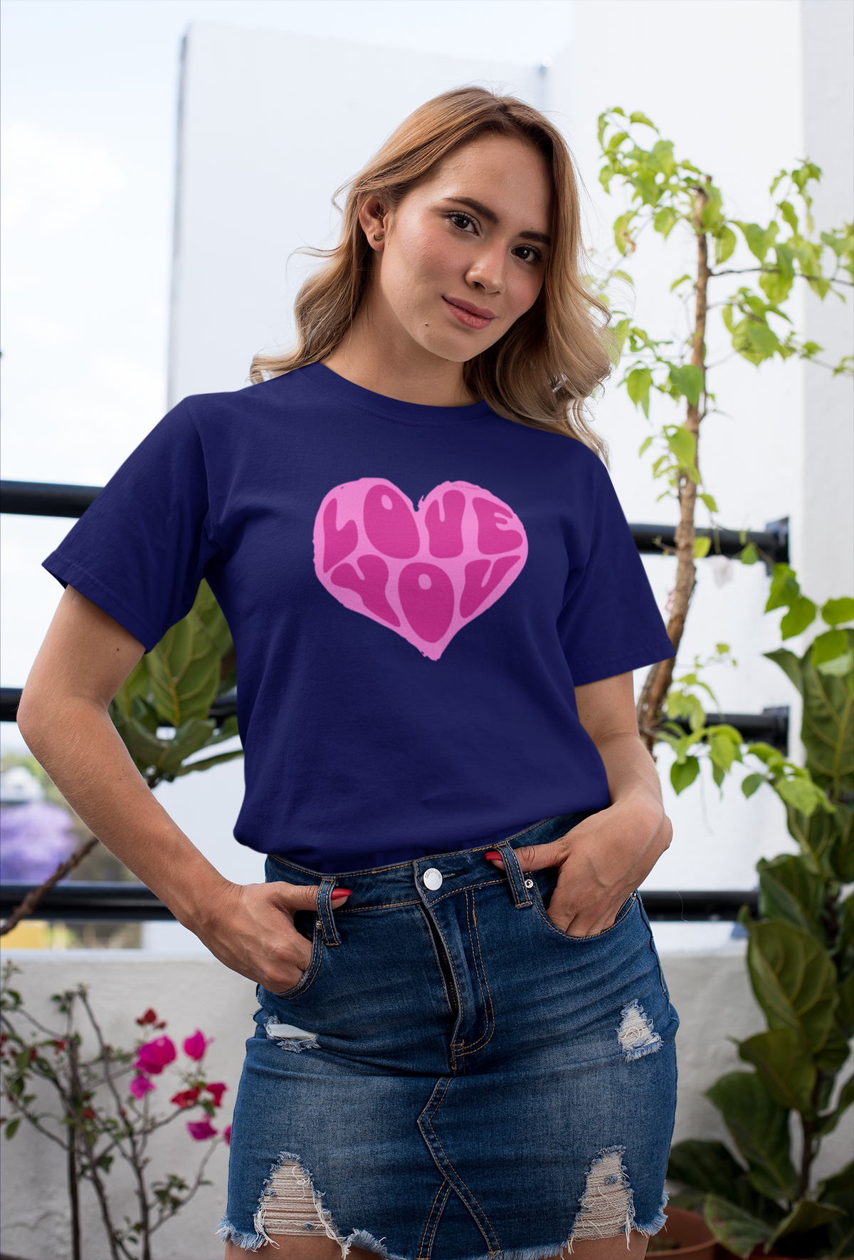 Love You Half Sleeve Navy Blue Round Neck T-Shirt for Women by Hello Swanky
