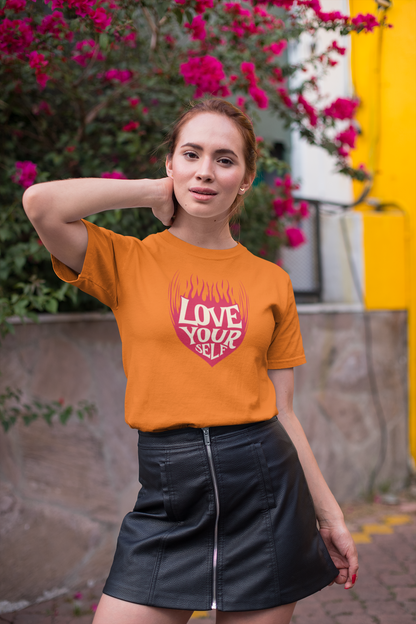 Love your self half sleeve orange round neck t-shirt for women by hello swanky