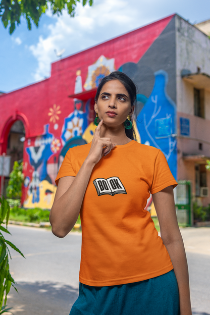 Book Half Sleeve Orange Round Neck T-Shirt