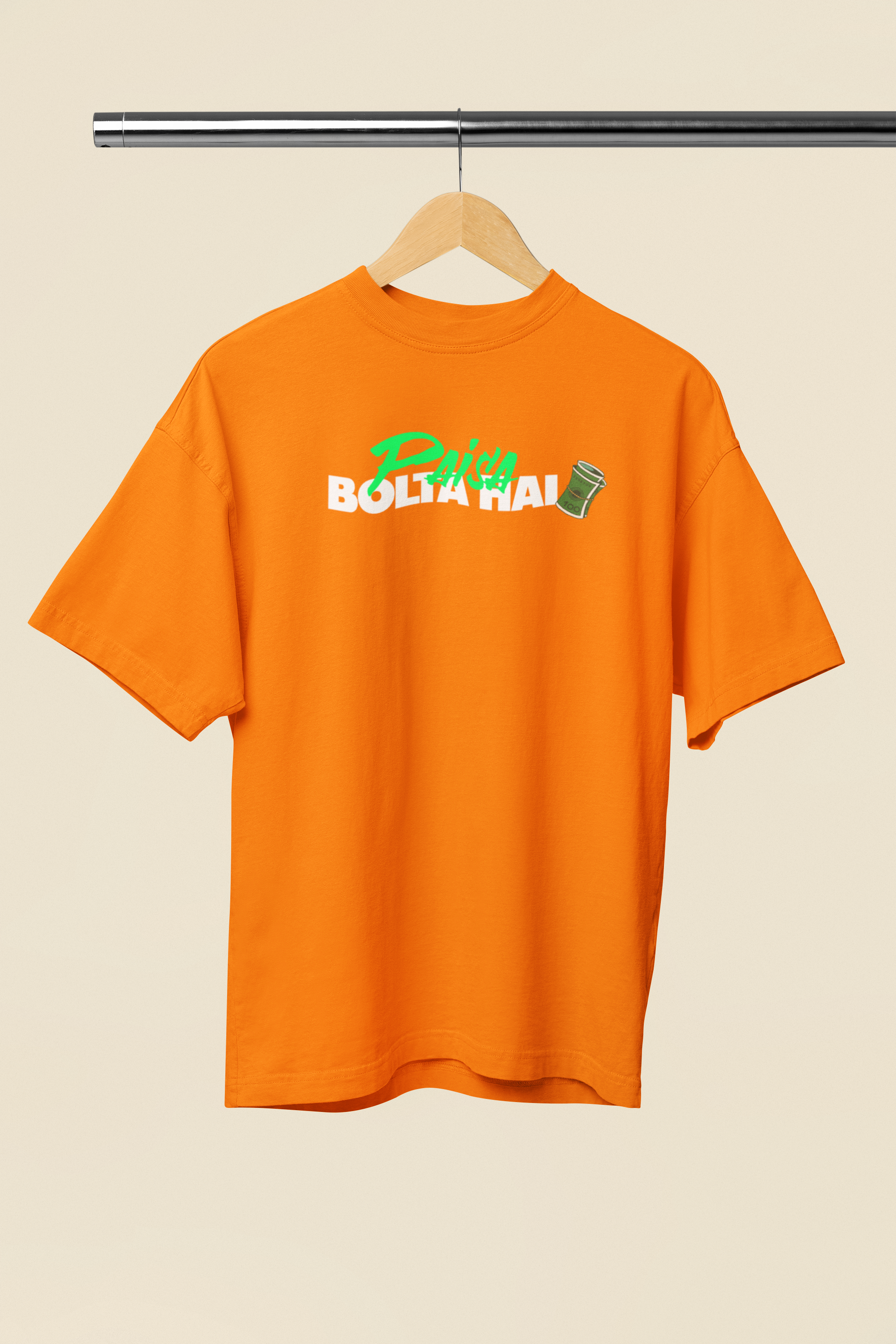 Paisa Bolta Hai Graphic Orange Oversized Unisex T-Shirt | Desi Graphic