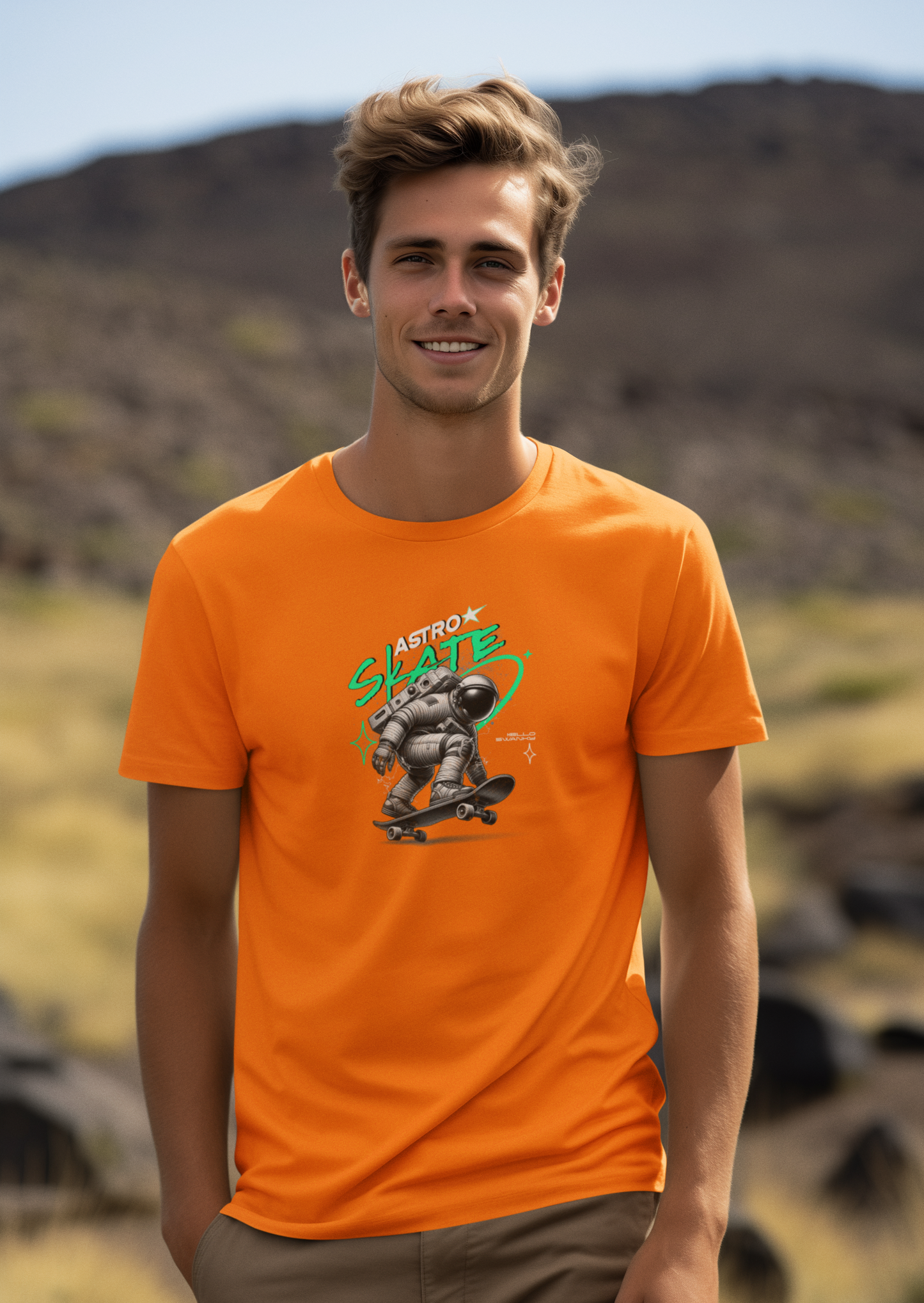 Skate Half Sleeve Orange Round Neck T-Shirt for Trendy Design