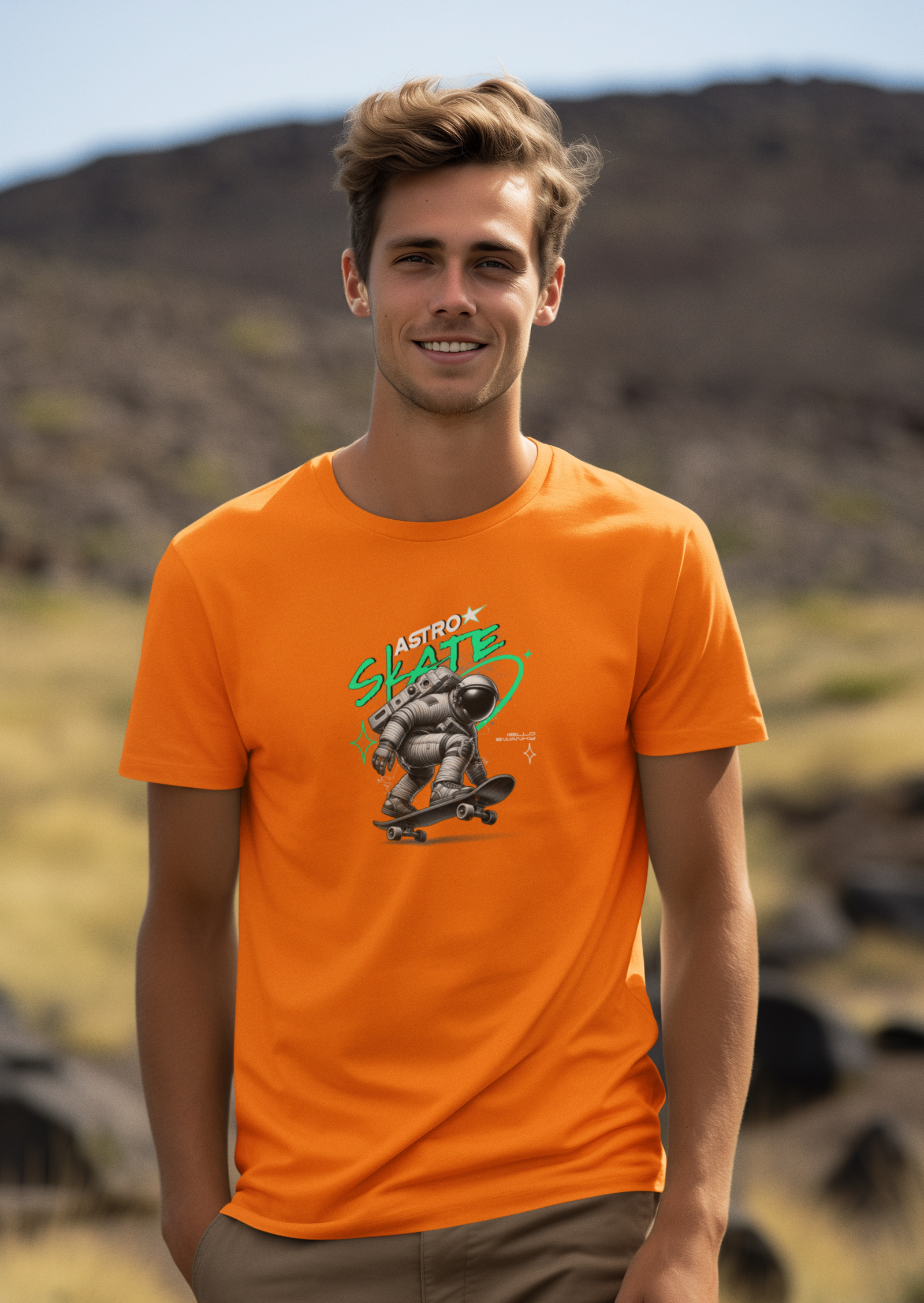 Skate Half Sleeve Orange Round Neck T-Shirt for Trendy Design