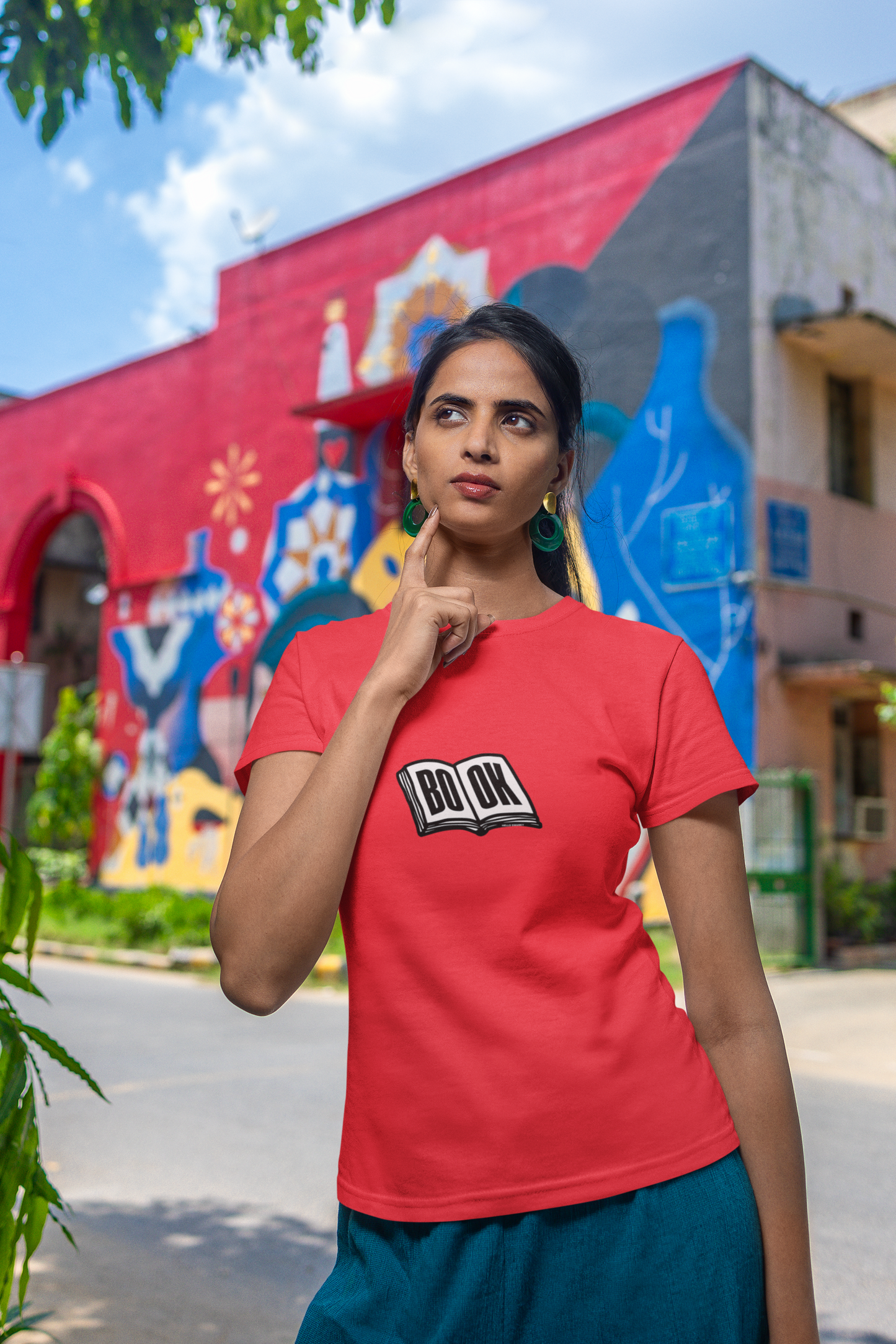 Book Half Sleeve Red Round Neck T-Shirt