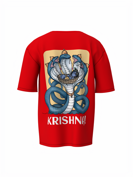 Sheshnag & krishna Spiritual Red Oversized T-Shirt