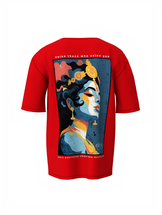 Jay Shree Krishna Spiritual Red Oversized T-Shirt Design