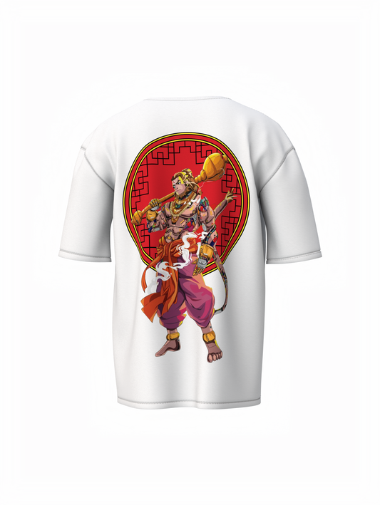 Bajrang Bali Spiritual White Oversized Unisex T-Shirt