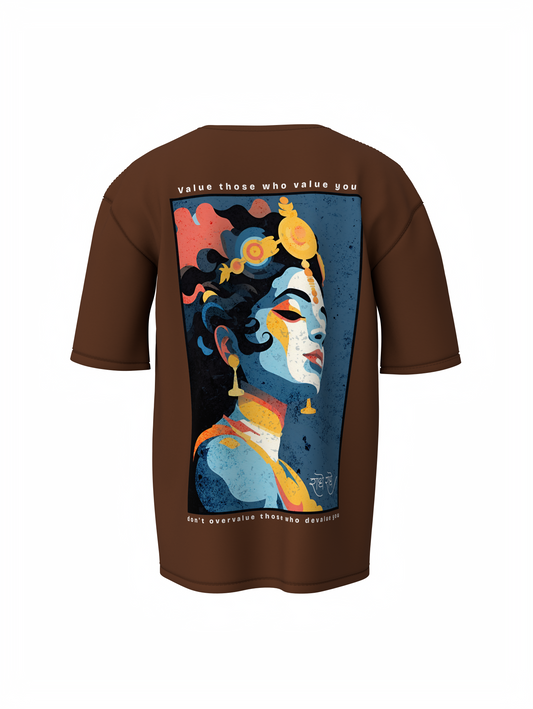 Jay Shree Krishna Spiritual Brown Oversized Design T-Shirt