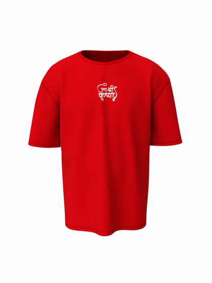 Jay Shree Krishna Spiritual Red Oversized T-Shirt Design
