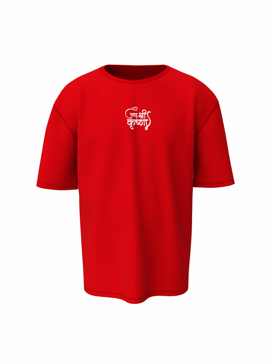 Jay Shree Krishna Spiritual Red Oversized T-Shirt Design