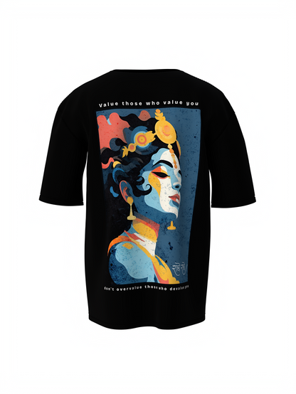 Jay Shree Krishna Spiritual Black Oversized Graphic T-Shirt