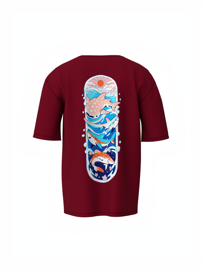 Fish Graphic Unisex Maroon Oversized T-Shirt Streetwear
