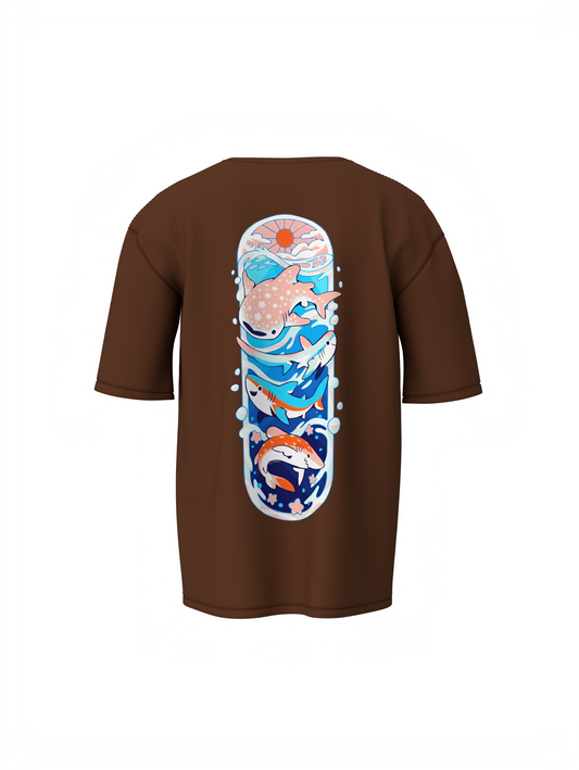 Fish Graphic Unisex Brown Oversized T-Shirt Cool Streetwear