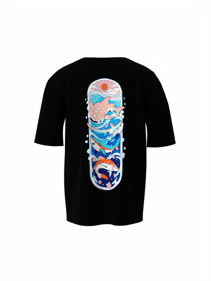 Fish Graphic Unisex Black Oversized T-Shirt Cool Streetwear