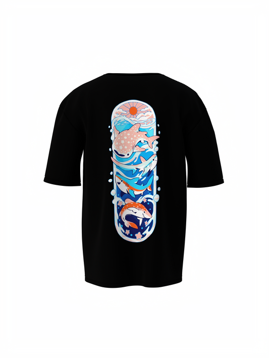 Fish Graphic Unisex Black Oversized T-Shirt Cool Streetwear