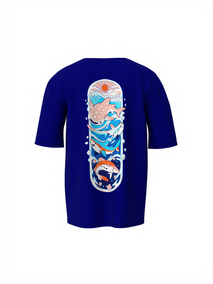 Fish Graphic Unisex Blue Oversized T-Shirt Street Style