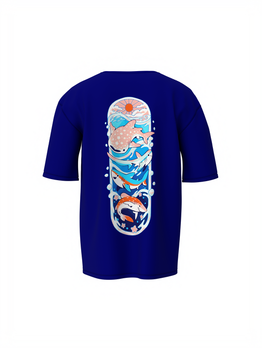 Fish Graphic Unisex Blue Oversized T-Shirt Street Style