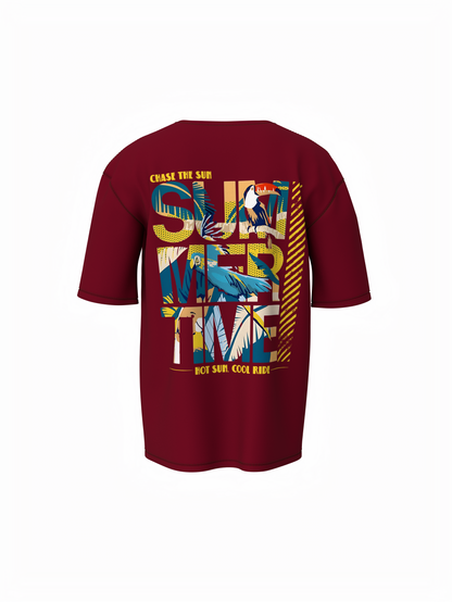 Sip Sun Surf Graphic Unisex Maroon Oversized T-Shirt Tee