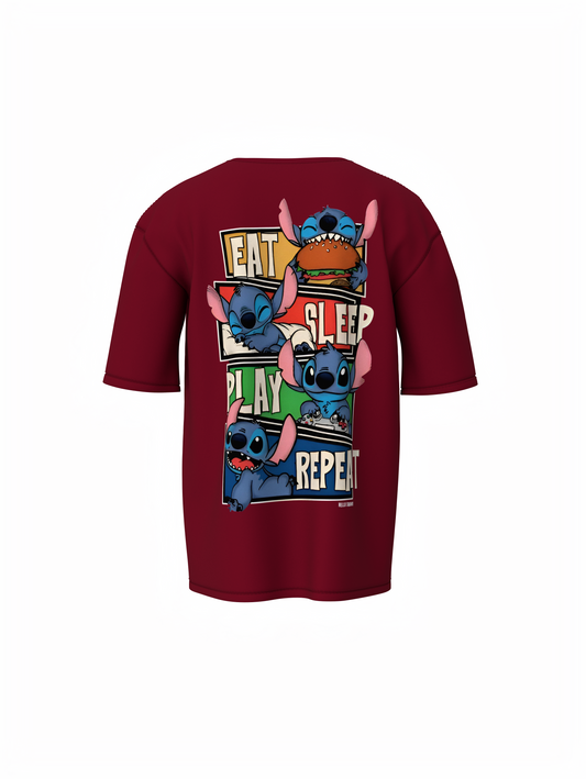 Stitch Graphic Maroon Oversized T-Shirt Unisex Casual Styles