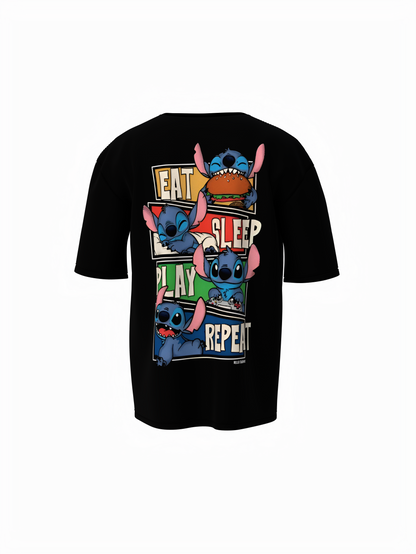 Stitch Graphic Unisex Black Oversized T-Shirt, Comfy Fit