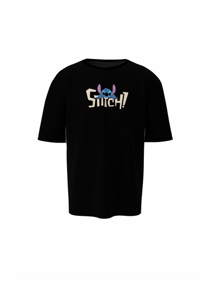 Stitch Graphic Unisex Black Oversized T-Shirt, Comfy Fit