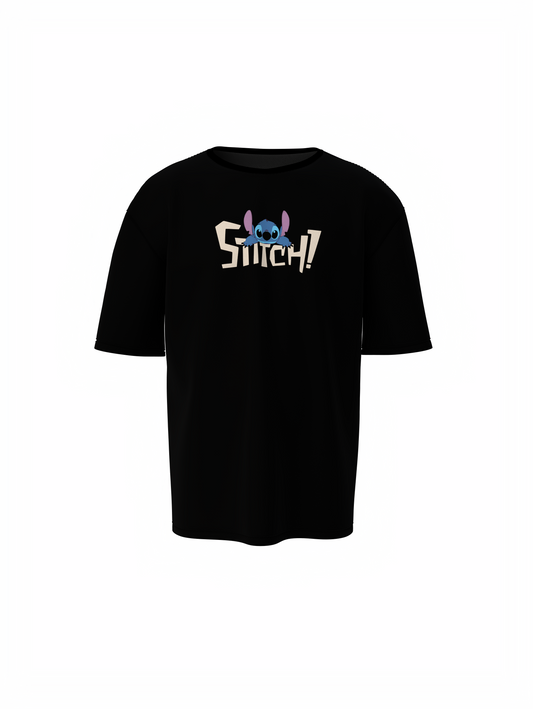 Stitch Graphic Unisex Black Oversized T-Shirt, Comfy Fit