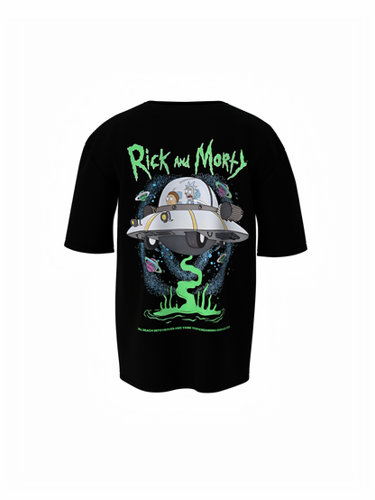Ricky Cartoon Unisex Black Oversized T-Shirt, Bold Prints