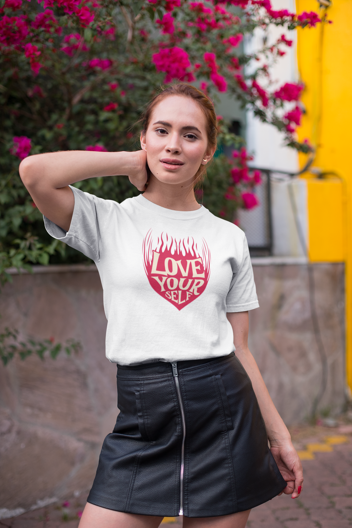 Love your self half sleeve white round neck t-shirt for women by hello swanky