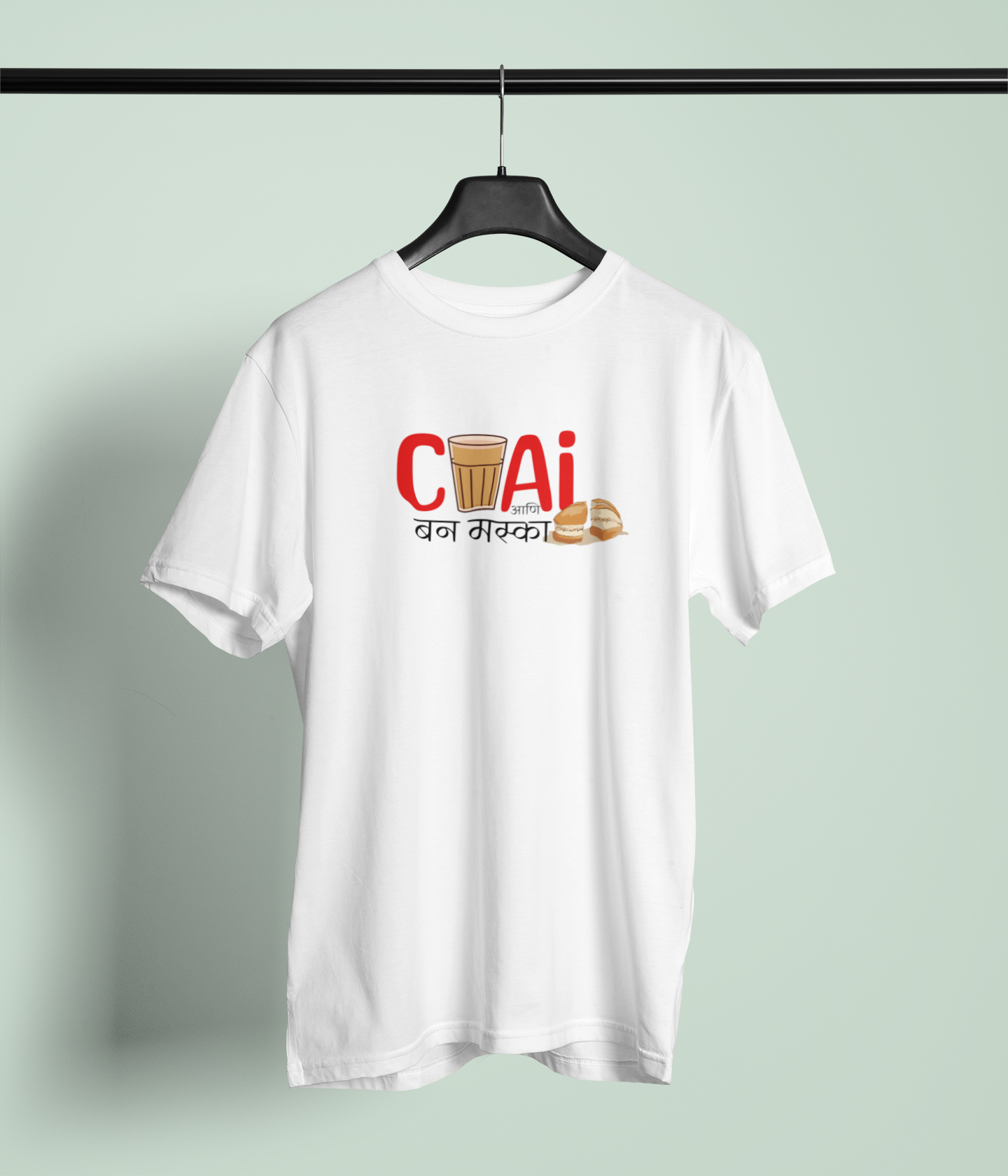 Chai Bun Maska White Round Neck T-Shirt Marathi Graphic