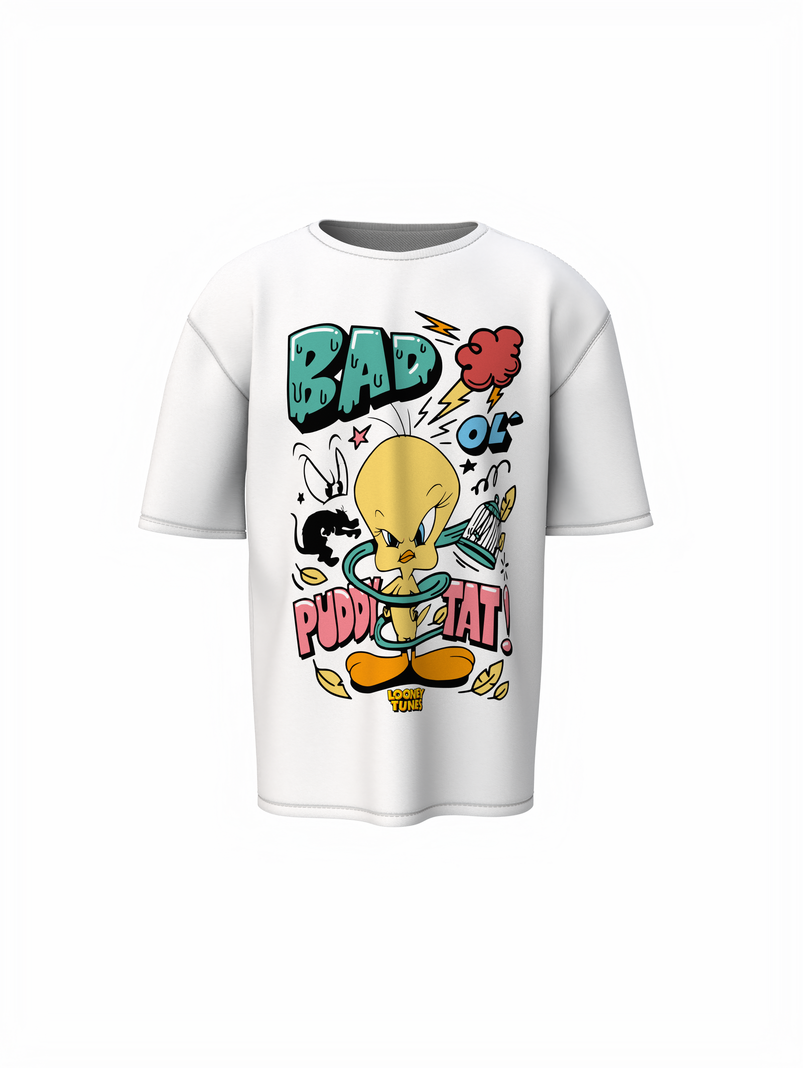Puddy Tat White Oversized T-Shirt Cute Cartoon Streetwear Tee
