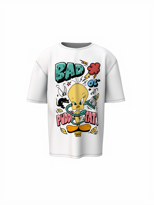 Puddy Tat White Oversized T-Shirt Cute Cartoon Streetwear Tee