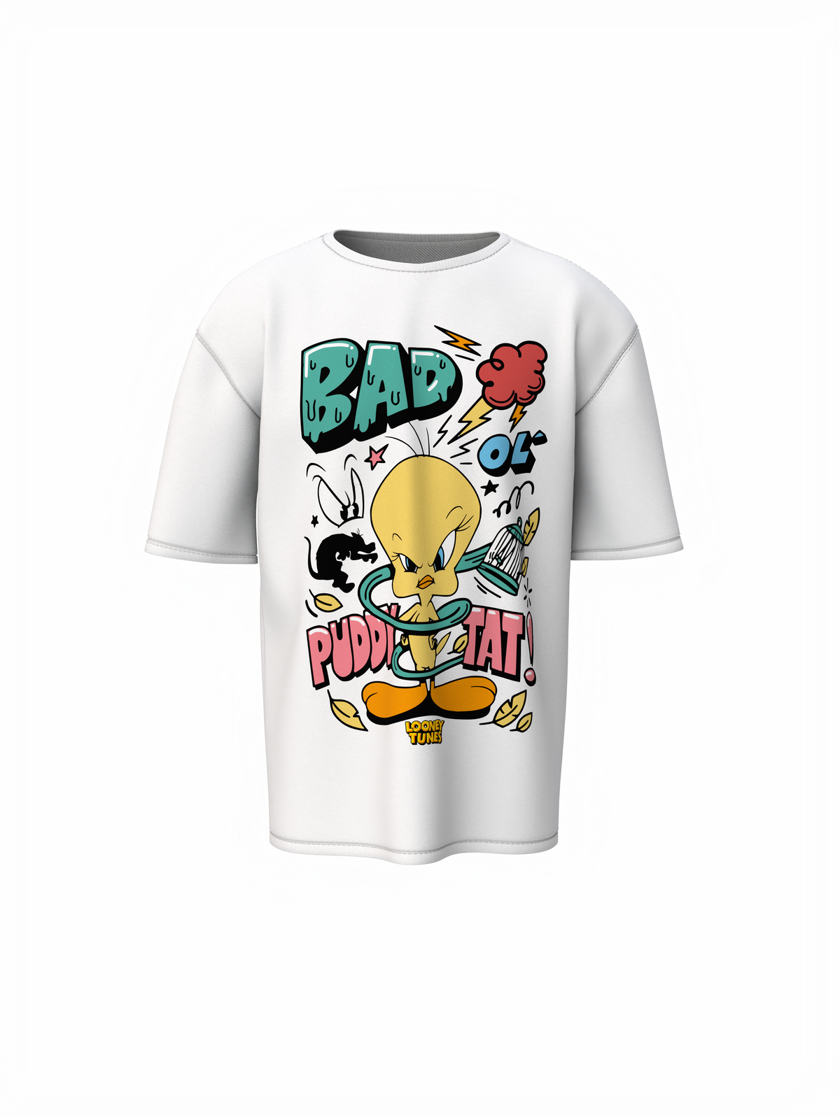 Puddy Tat Cartoon Unisex White Oversized T-Shirt