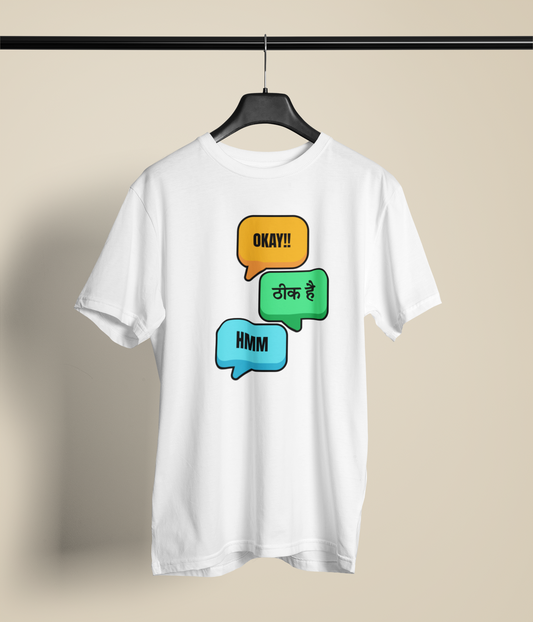 OK & Hmm Unisex White Round Neck T-Shirt | Desi Graphic