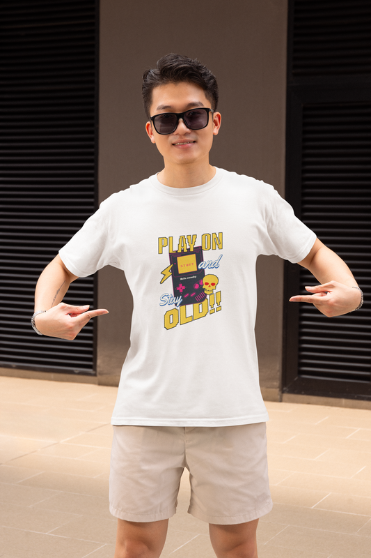 Play On & Stay Old Half Sleeve White Round Neck T-Shirt for Men