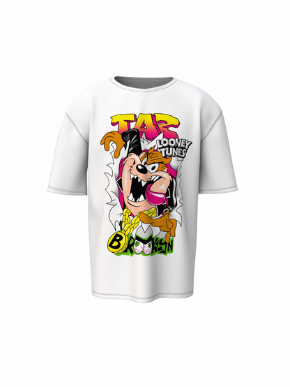 Taz Cartoon Unisex White Oversized T-Shirt Streetwear Style