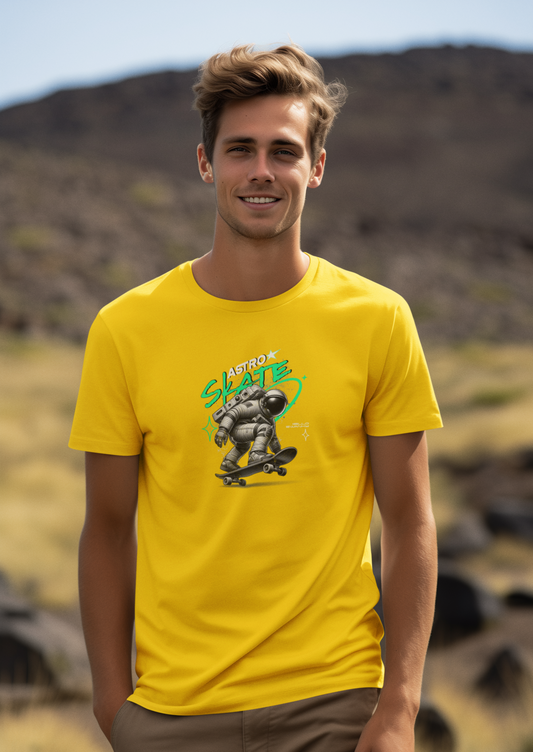Skate Half Sleeve Yellow Round Neck T-Shirt for Trendy Design
