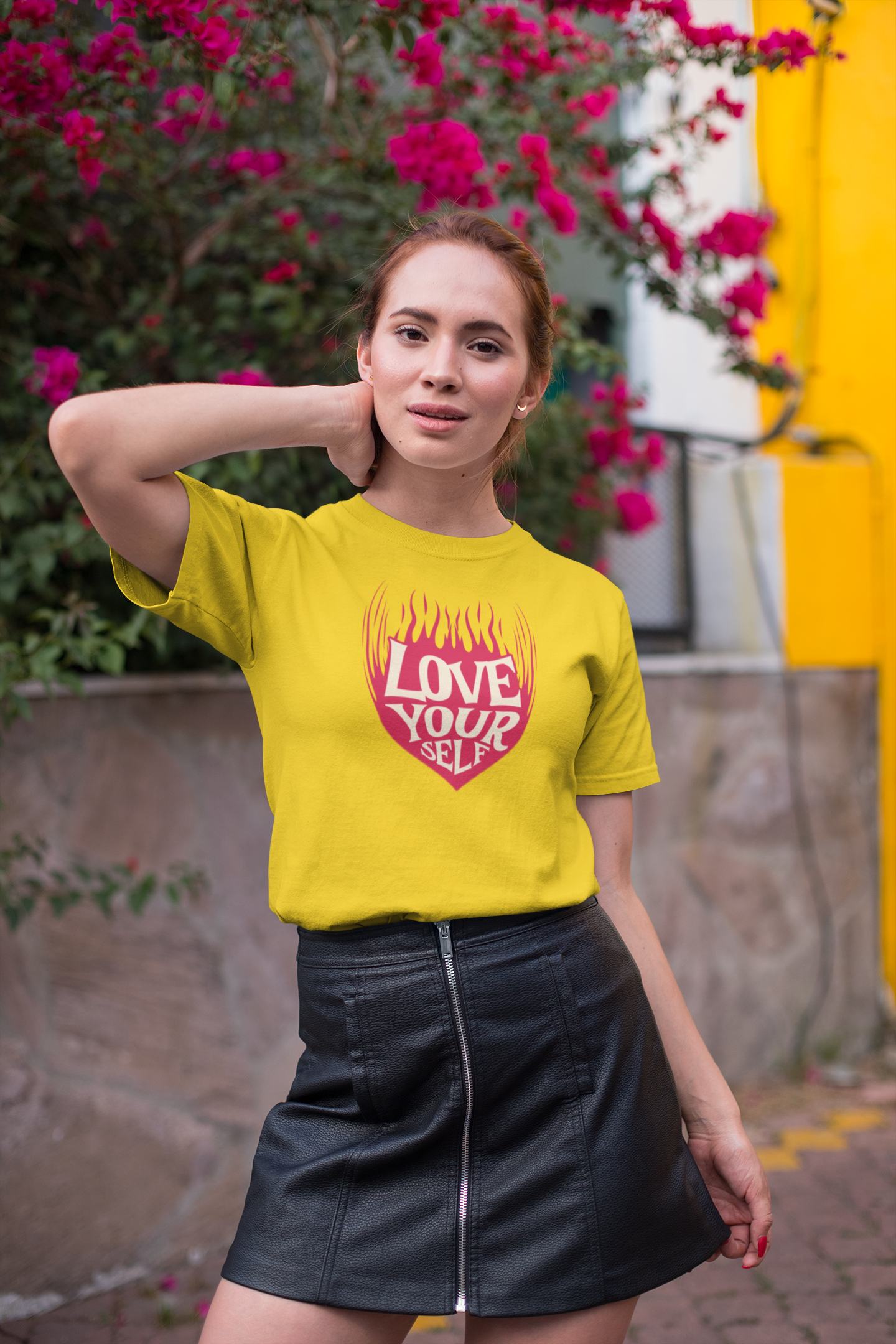 Love your self half sleeve yellow round neck t-shirt for women by hello swanky