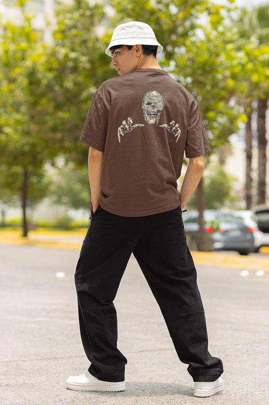 Skeleton Unisex Brown Oversized T-Shirt Trendy Graphic Style