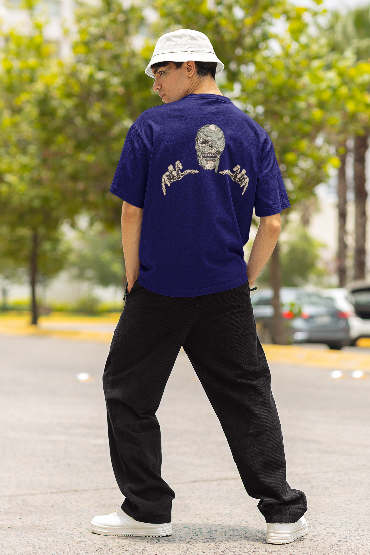 Skeleton Unisex Navy Blue Oversized T-Shirt Trendy Graphic Style