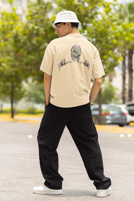 Skeleton Unisex Beige Oversized T-Shirt Trendy Graphic Style