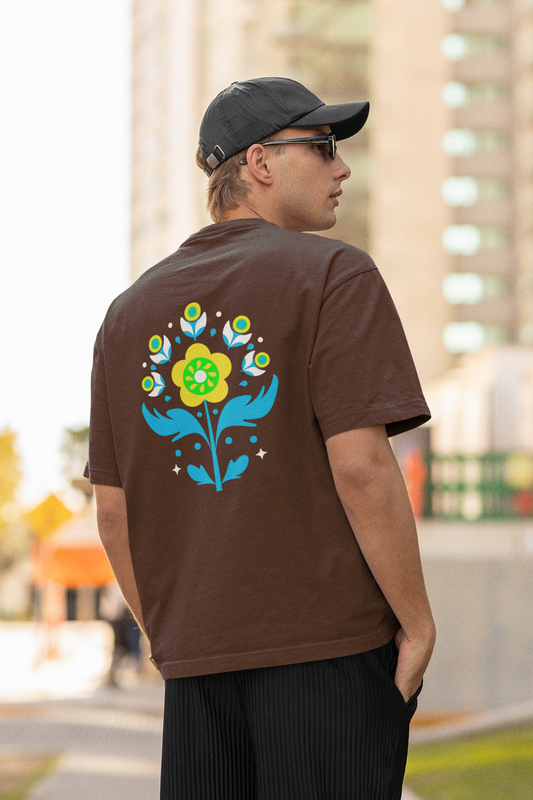 Petals of strength half sleeve brown oversized t-shirt for men by hello swanky