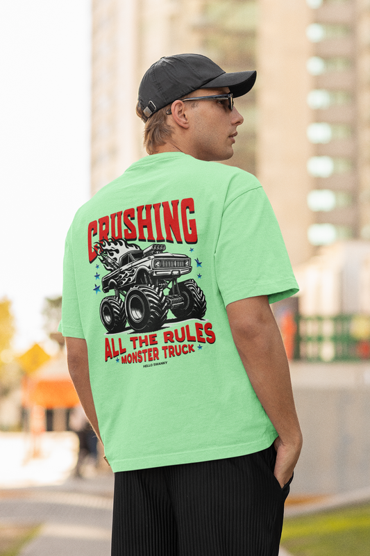 Monster Truck Saga Green White Oversized T-Shirt – Bold & Fun